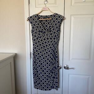 Lauren Ralph Lauren Jersey Dress Navy Yellow White‎ Chain Link Print Shirred 8